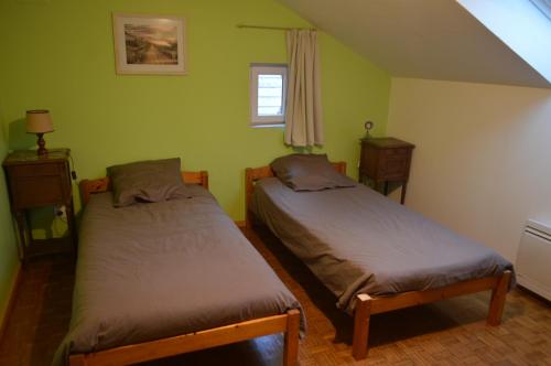 2 camas en una habitación con paredes verdes en Gite du Jardin Roy 
