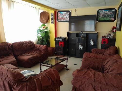 a living room with two couches and a tv at Hospedaje errante andino in Puno