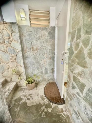 a bathroom with a stone wall and a plant at Estudio independiente, full equipo en excelente zona de Caracas in Caracas