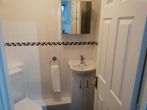 a bathroom with a sink and a toilet and a mirror at Eagle Way Apartment in Peterborough