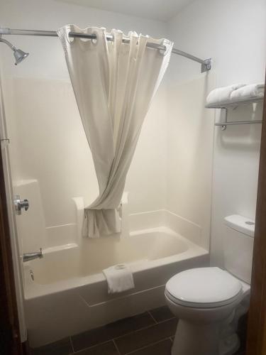 a bathroom with a toilet and a shower with a curtain at Super 8 by Wyndham Sparta in Sparta