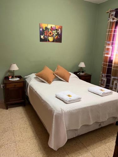 een slaapkamer met een bed met twee handdoeken erop bij Casa Rústica Norteña Candy Con Parking in Salta