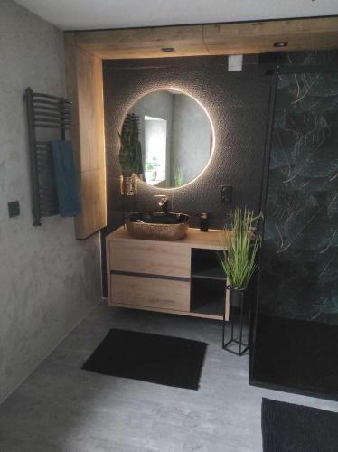 a bathroom with a sink and a mirror at Pod Kasztanami blisko A2 in Baranów