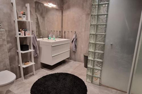 uma casa de banho com um lavatório, um chuveiro e um WC. em Uthyres endast till barnfamiljer em Gullbrandstorp