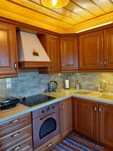 a kitchen with wooden cabinets and a stove top oven at Βίτσα Πετρόκτιστο Αρχοντικό "Ιόλη" με θέα Ζαγόρι in Vitsa
