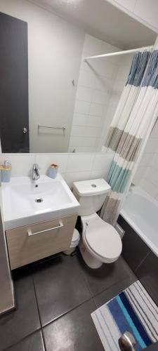 a bathroom with a toilet and a sink and a shower at Apartamento La Herradura, primera línea. in Coquimbo