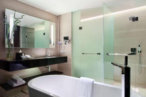 a bathroom with a tub and a sink and a shower at Hilton Bandung in Bandung