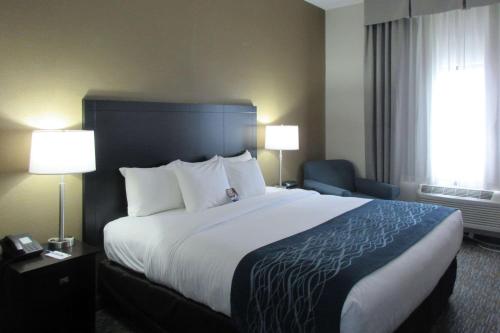 Habitación de hotel con 1 cama grande y 2 lámparas en Comfort Inn, en Port Huron