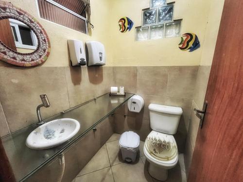 W łazience znajduje się umywalka, toaleta i lustro. w obiekcie Tô na Guarda Hostel w mieście Palhoça