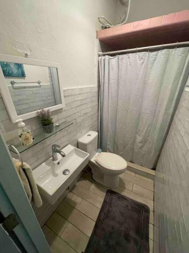 La salle de bains est pourvue de toilettes, d'un lavabo et d'une douche. dans l'établissement Casa Escaleras, à Rincon