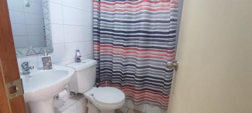 a bathroom with a toilet and a shower curtain at Katri apart in Temuco