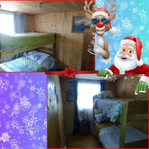 un collage de tres fotos de un dormitorio con Santa Claus en Cabaña Villa los Delfines, en Iloca
