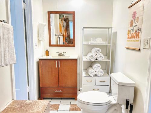 a bathroom with a toilet and a sink and a mirror at Groovy Getaway Retro Vibes in North Park, SD in San Diego