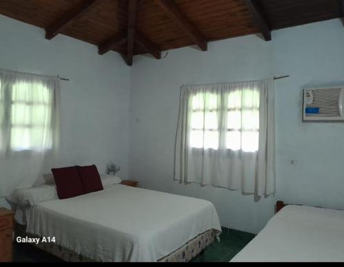 a bedroom with two beds and two windows at Cabaña Iberá in Colonia Carlos Pellegrini