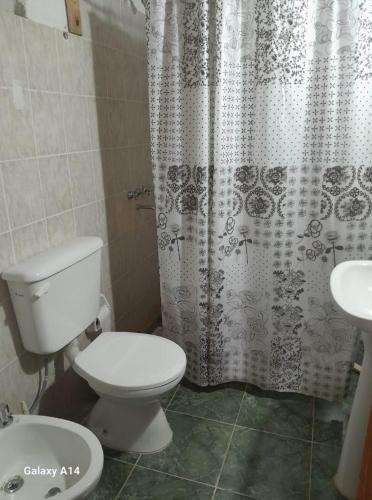 a bathroom with a toilet and a shower curtain at Cabaña Iberá in Colonia Carlos Pellegrini