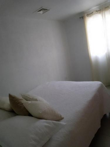 a white bed with a pillow and a window at Departamento por dia in Nuevo Casas Grandes