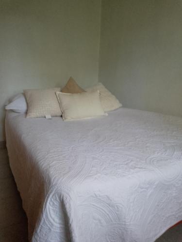 - un lit avec des draps et des oreillers blancs dans l'établissement Departamento por dia, à Nuevo Casas Grandes