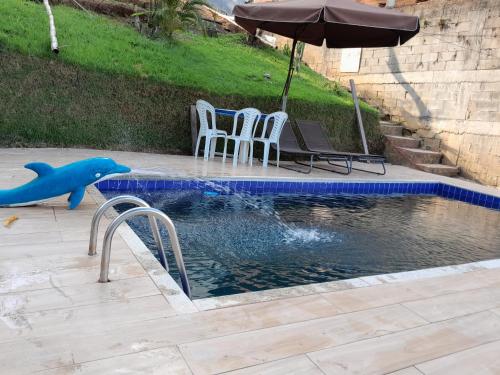 uma piscina com um golfinho e cadeiras e um guarda-sol em Cantinho do sossego em Macaé