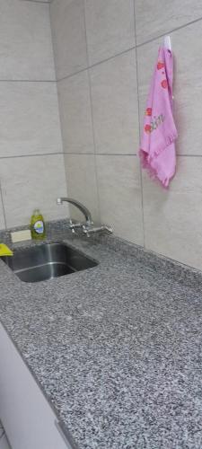 a kitchen sink with a pink towel on the wall at Casa Belén in Toay