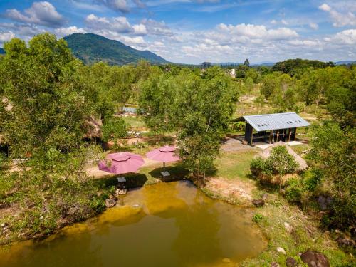 an overhead view of a pond with a solarium at Kampot Camping in Kampot