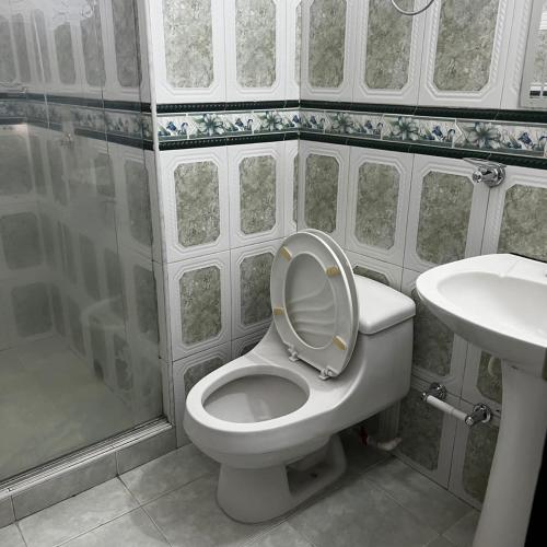 a bathroom with a toilet and a sink and a shower at Apartamentos San José in Cartagena de Indias