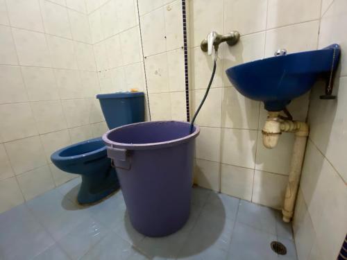 巴淡島中心的住宿－SPOT ON 93446 Penginapan Mak Yes，浴室设有蓝色的卫生间和水槽。