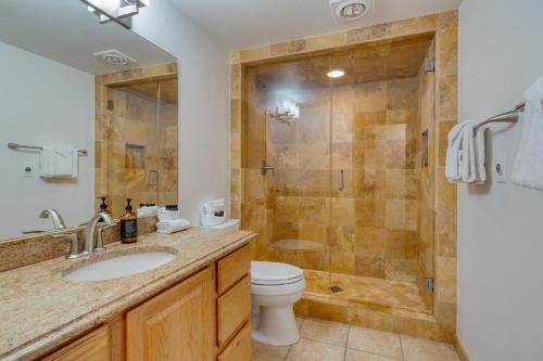 een badkamer met een douche, een toilet en een wastafel bij Riverside Condos C102 by AvantStay Condo Close To Downtown Town Park Ski Lift 8 in Telluride