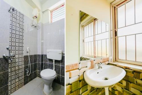 2 fotos de un baño con aseo y lavabo en Hotel Retreat ! Puri, en Puri
