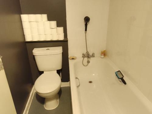 a bathroom with a toilet and a bath tub at Lodgings. in London