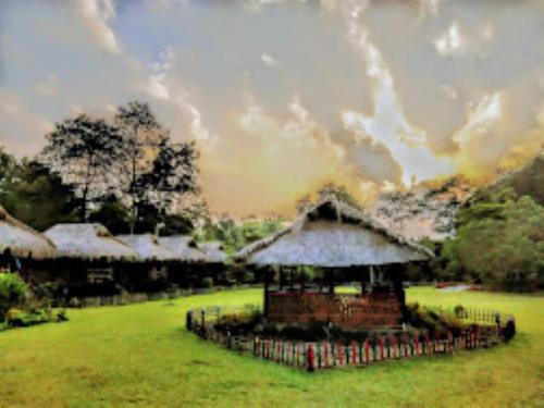 una pequeña cabaña en un campo con un cielo nublado en Ayang Okum River Bank Bamboo Cottage Kaibortta Gaon, en Nagargaon