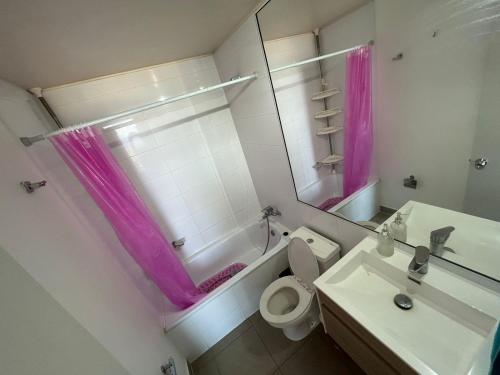 uma casa de banho com um lavatório, um WC e um espelho. em Loft cómodo Iquique central em Iquique