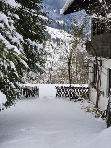 a driveway covered in snow next to a house at Ferienhaus Birnberg in Leogang