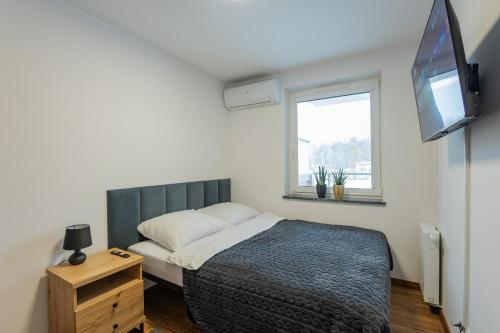 a bedroom with a bed and a flat screen tv at Vip Apartamenty Niecia z klimatyzacja in Rzeszów