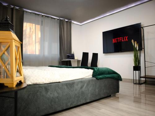 1 dormitorio con 1 cama y TV en la pared en Best Studio Central, en Hunedoara