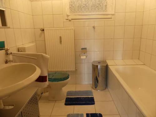 NiedensteinにあるFerienwohnung Sigrunのバスルーム(洗面台、トイレ、バスタブ付)