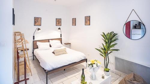 une chambre avec un lit et un miroir au mur dans l'établissement Smart Confort 3 - Studio confort et stylé, à Troyes