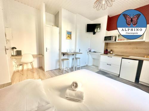 um amplo quarto branco com uma cozinha e uma cama em Le Victor, charmant et cosy em Limoges
