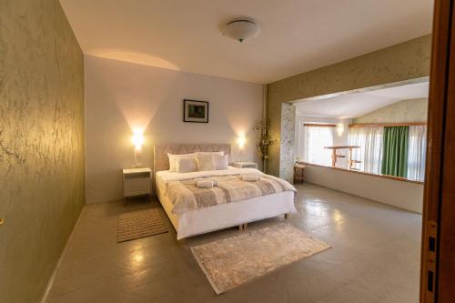 ein Schlafzimmer mit einem großen Bett und einem Fenster in der Unterkunft Villa Markus in Slavonski Brod