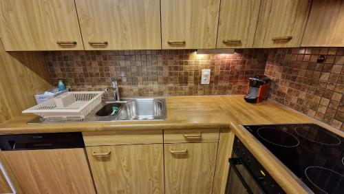 eine Küche mit Spüle und Arbeitsplatte in der Unterkunft Chesa Bellaval, Haus Chamuotsch 3 1 2-Zimmerwohnung in Silvaplana