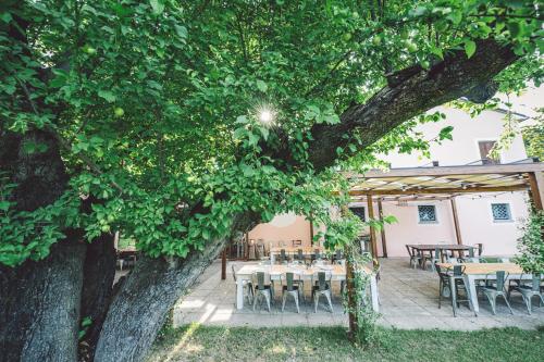 an outdoor patio with tables and chairs under a tree at Due Ponti Village in Cesenatico