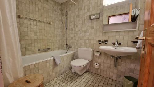 シルヴァプラーナにあるChesa Bellaval, Haus Rizza 1 1 2-Zimmerwohnungの洗面台、トイレ、浴槽を備えたバスルーム