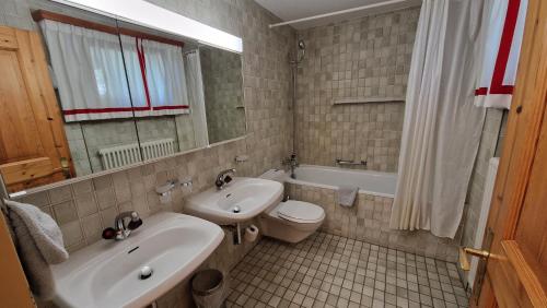 a bathroom with a sink and a toilet and a mirror at Chesa Bellaval, Haus Rizza 2 1 2-Zimmerwohnung in Silvaplana