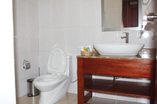 a bathroom with a white toilet and a sink at Miika Eco Resort Hotel in Hoima