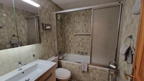 ein Bad mit einem WC, einem Waschbecken und einer Dusche in der Unterkunft Chesa Bellaval, Haus Leivra 2 1 2-Zimmerwohnung in Silvaplana