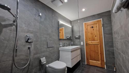 a bathroom with a toilet and a shower and a sink at Chesa Bellaval, Haus Leivra 2 1 2-Zimmerwohnung in Silvaplana