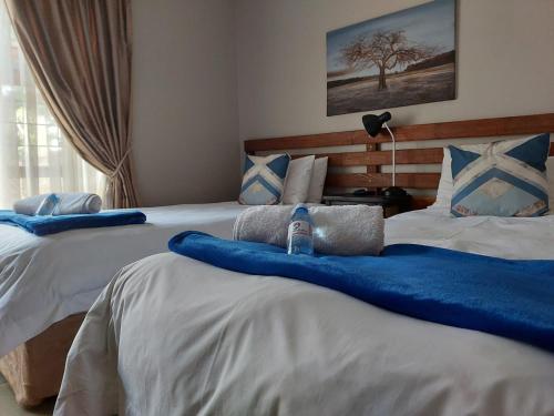 two beds with blue pillows on them in a bedroom at Aero Lodge Guest House in Middelburg