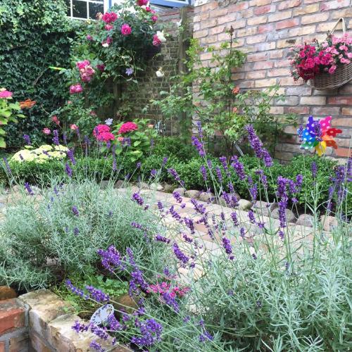 a garden with purple flowers and a brick wall at Designhotel 1690 & Apartments in Rendsburg