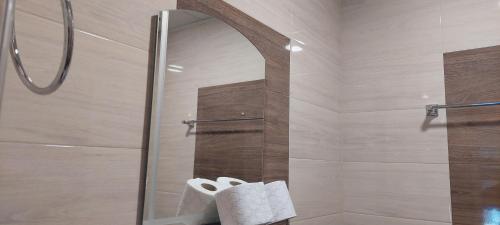 a shower with a glass door and white towels at ГАЙДА in Smolyan