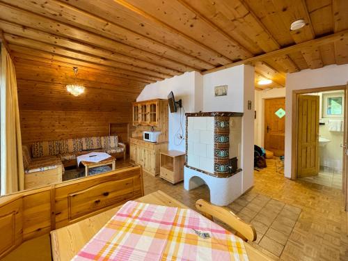 eine Küche mit einem Herd in einem Zimmer mit Holzwänden in der Unterkunft Pension Sedlak in Millstatt