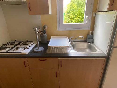 a kitchen with a sink and a stove at Camping Val Saint Jean in Mauriac